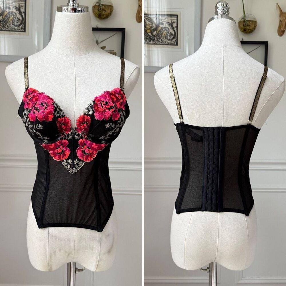 Victoria Secret Bustier Top 34B Black Floral Embroidered Mesh Dark Fairy Witchy
